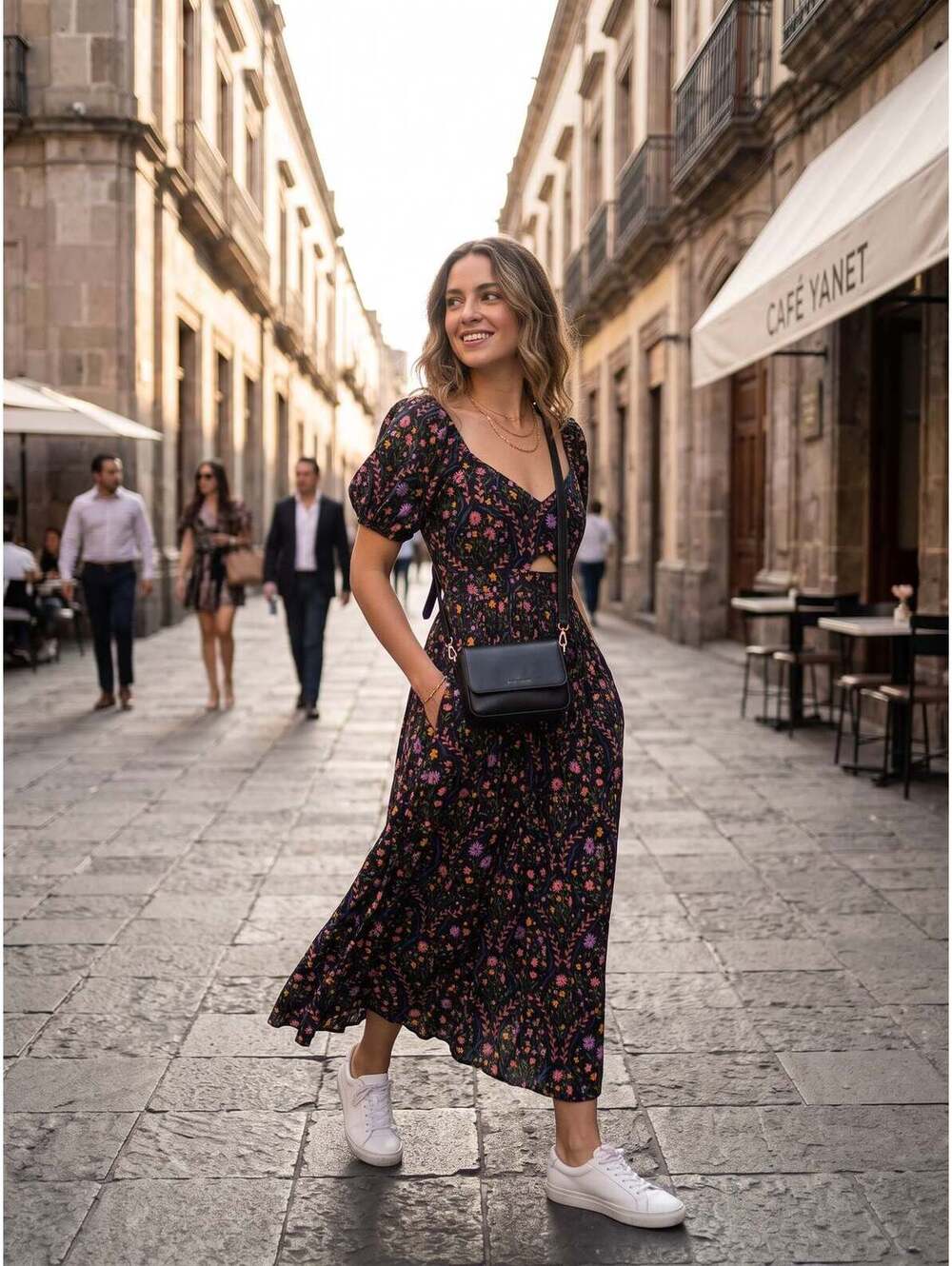 Black Floral Short Sleeve Maxi Dress with Pockets